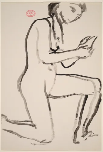 Untitled [female nude kneeling on right knee] by Richard Diebenkorn, drawing, 1955-1967