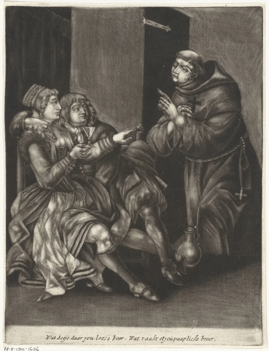 Priester vermaant een liefdespaar by anonymous, print, 1650-1800
