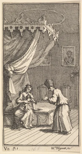The New Metamorphosis, Plate 5: Fantasio, Transformed into a Lapdog, in the with Donna Theresa by William Hogarth, print, 1723-1724