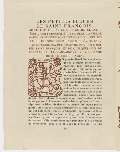 Pictorial initial (page 10) from Les Petites Fleurs de St. François (The Little Flowers of St. Francis) by Émile Bernard, illustrated book, 1928