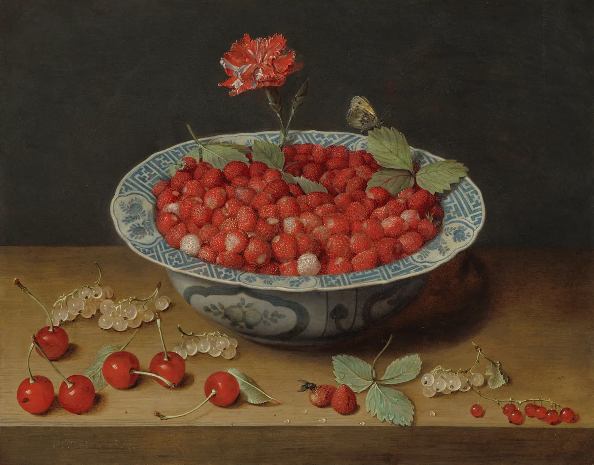 Wild Strawberries and a Carnation in a Wan-Li Bowl by Jacob van Hulsdonck, painting, 1620
