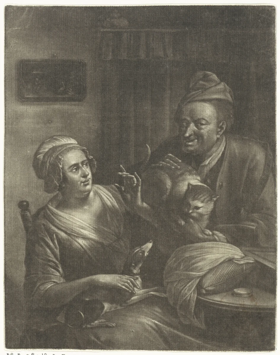 Twee figuren met een hond en een kat by Aert Schouman, print, 1720-1792
