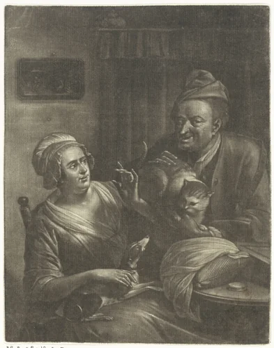 Twee figuren met een hond en een kat by Aert Schouman, print, 1720-1792