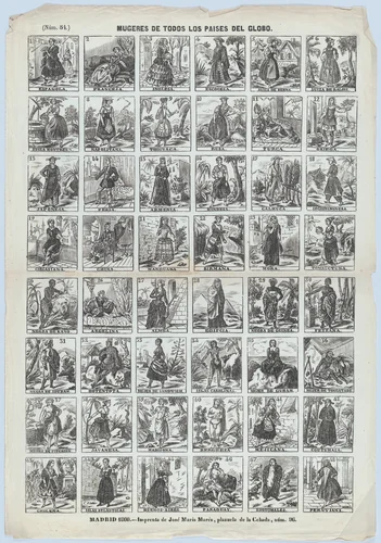 Broadside with 48 scenes showing different women of the world by José Noguera, print, 1860