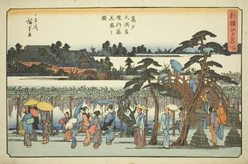 Wisteria in Full Bloom in the Precincts of the Kameido Tenmangu Shrine (Kameido Tenmangu keidai fuji hanazakari no zu), from the series "Newly Selected Famous Places in Edo (Shinsen Edo meisho)" by Utagawa Hiroshige (歌川広重), print, 1834-1847
