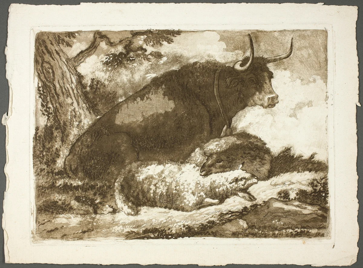 A Bull and Two Sheep by Pierre Lelu, print, 1761-1810
