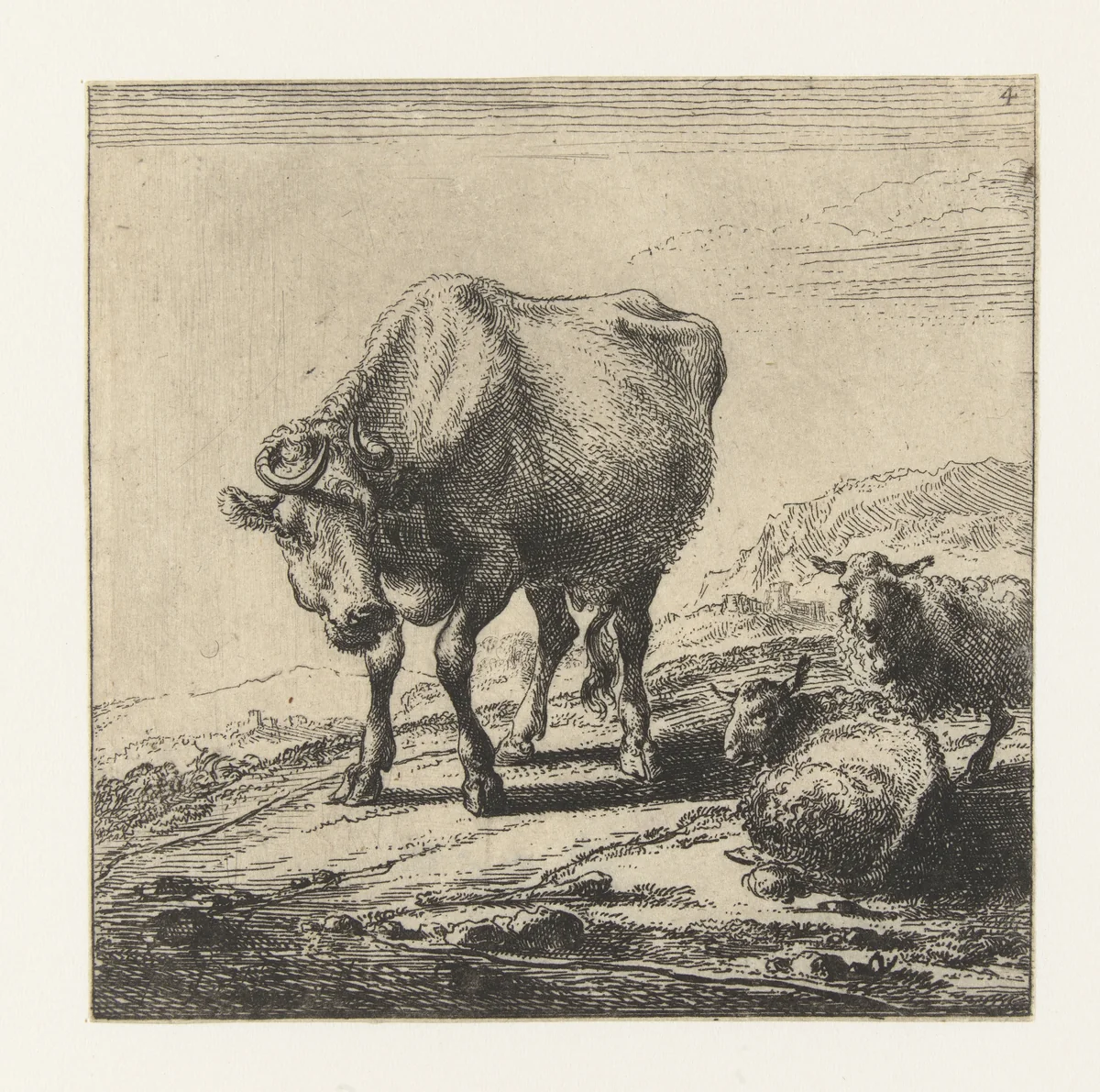 Koe en twee schapen by Nicolaes Pietersz Berchem, print, 1644