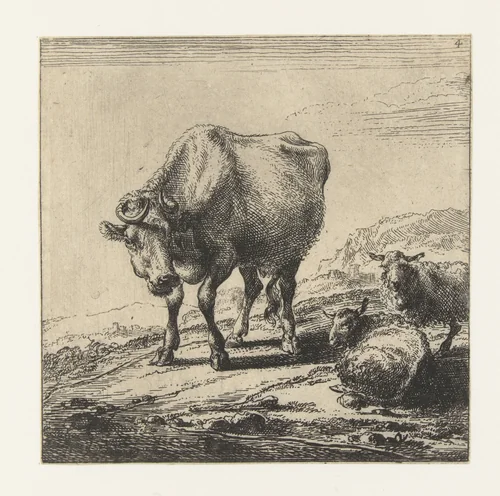 Koe en twee schapen by Nicolaes Pietersz Berchem, print, 1644