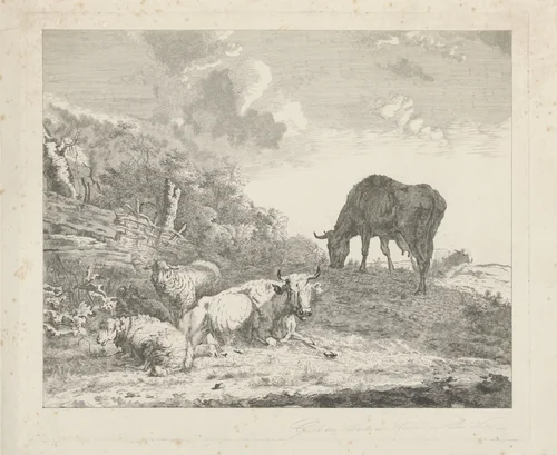Landschap met vee by Christiaan Godfried Schutze, print, 1821-1869