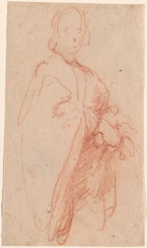 A Standing Man with Cloak and Gloves by Bernardo Strozzi, drawing, 1630-1639