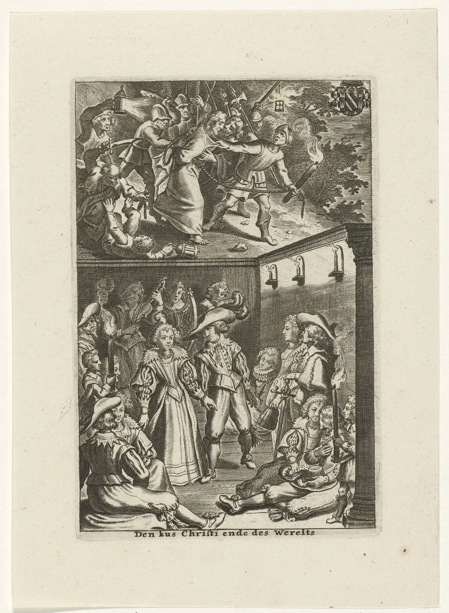 Gevangenneming van Christus en feestende hovelingen by Cornelis Galle, print, 1630