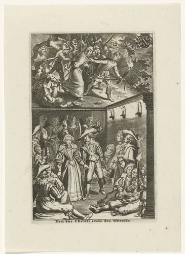 Gevangenneming van Christus en feestende hovelingen by Cornelis Galle, print, 1630