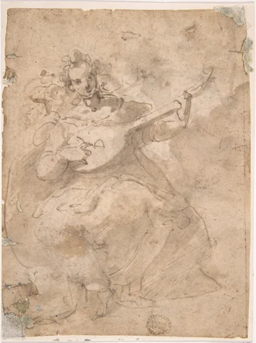 Girl Playing a Lute by anonymous, drawing, 1600-1700