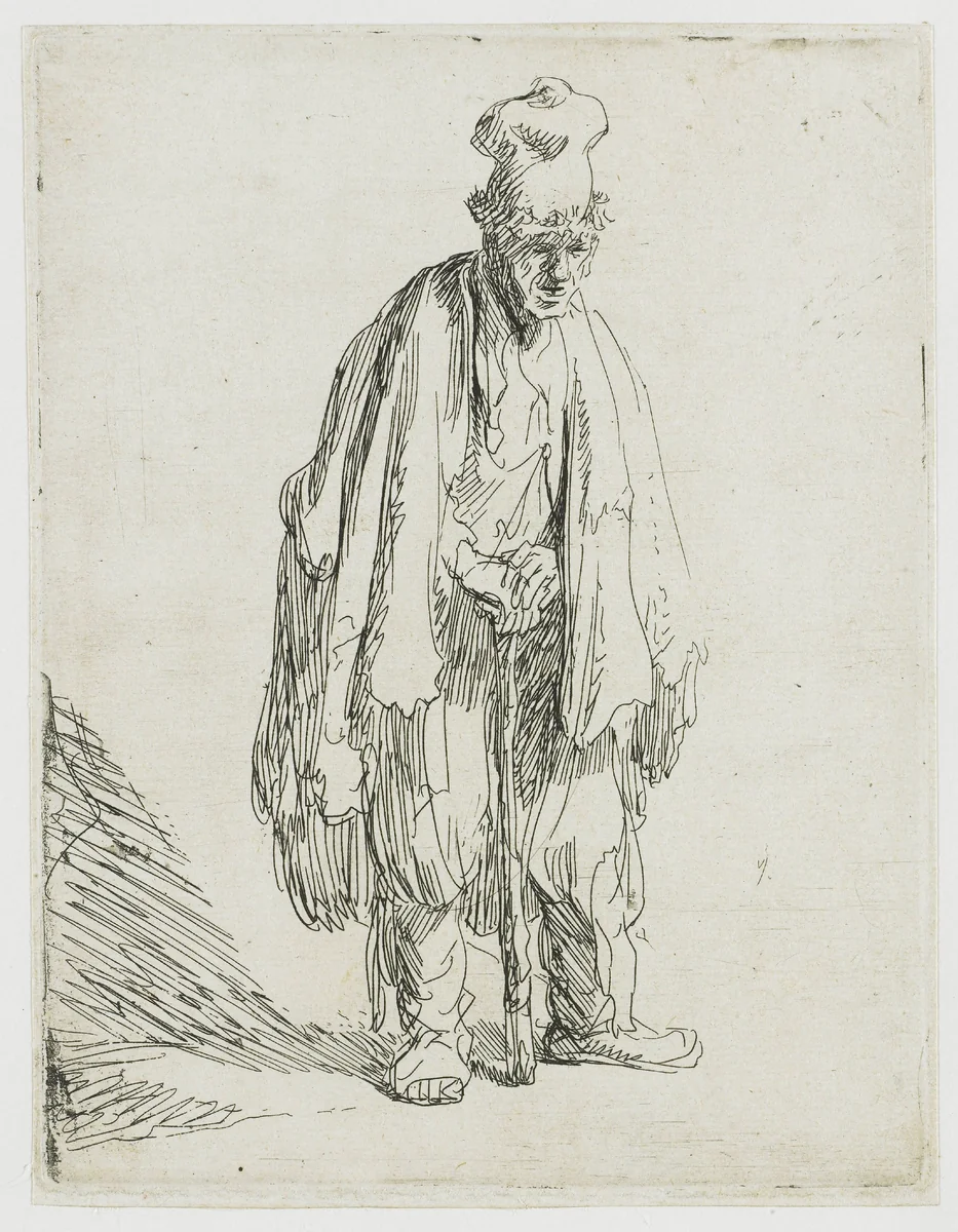Beggar in a high cap, standing and leaning on a stick by Rembrandt van Rijn, print, 1629