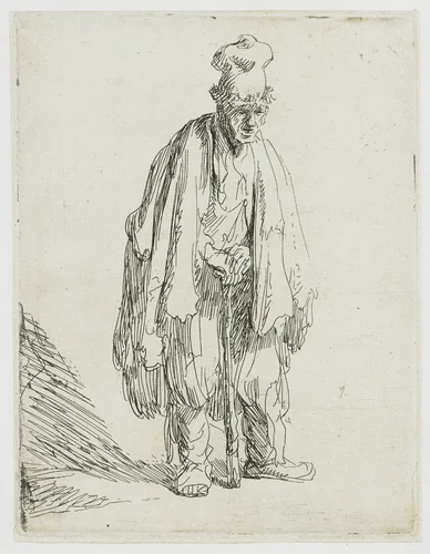 Beggar in a high cap, standing and leaning on a stick by Rembrandt van Rijn, print, 1629