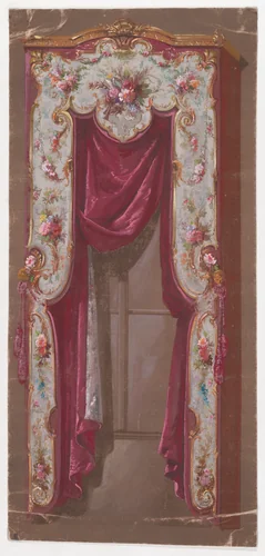 Design for a Valance in with Thin Bushes and Garlands of Flowers and a Shell Motif with a Hanging Curtain by anonymous, drawing, 1870-1900