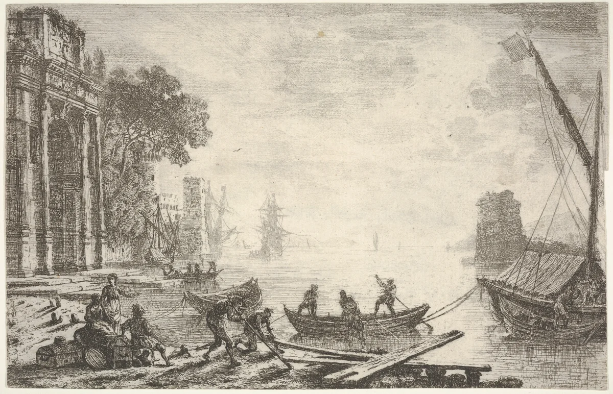 Harbor with rising sun, figures in foreground, colonnade on left by Claude Lorrain, print, 1634-1635