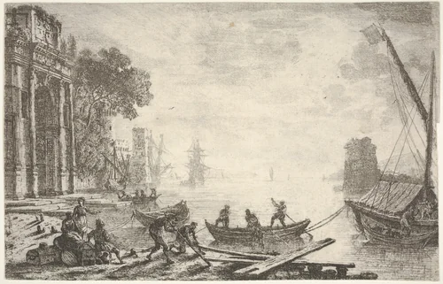 Harbor with rising sun, figures in foreground, colonnade on left by Claude Lorrain, print, 1634-1635