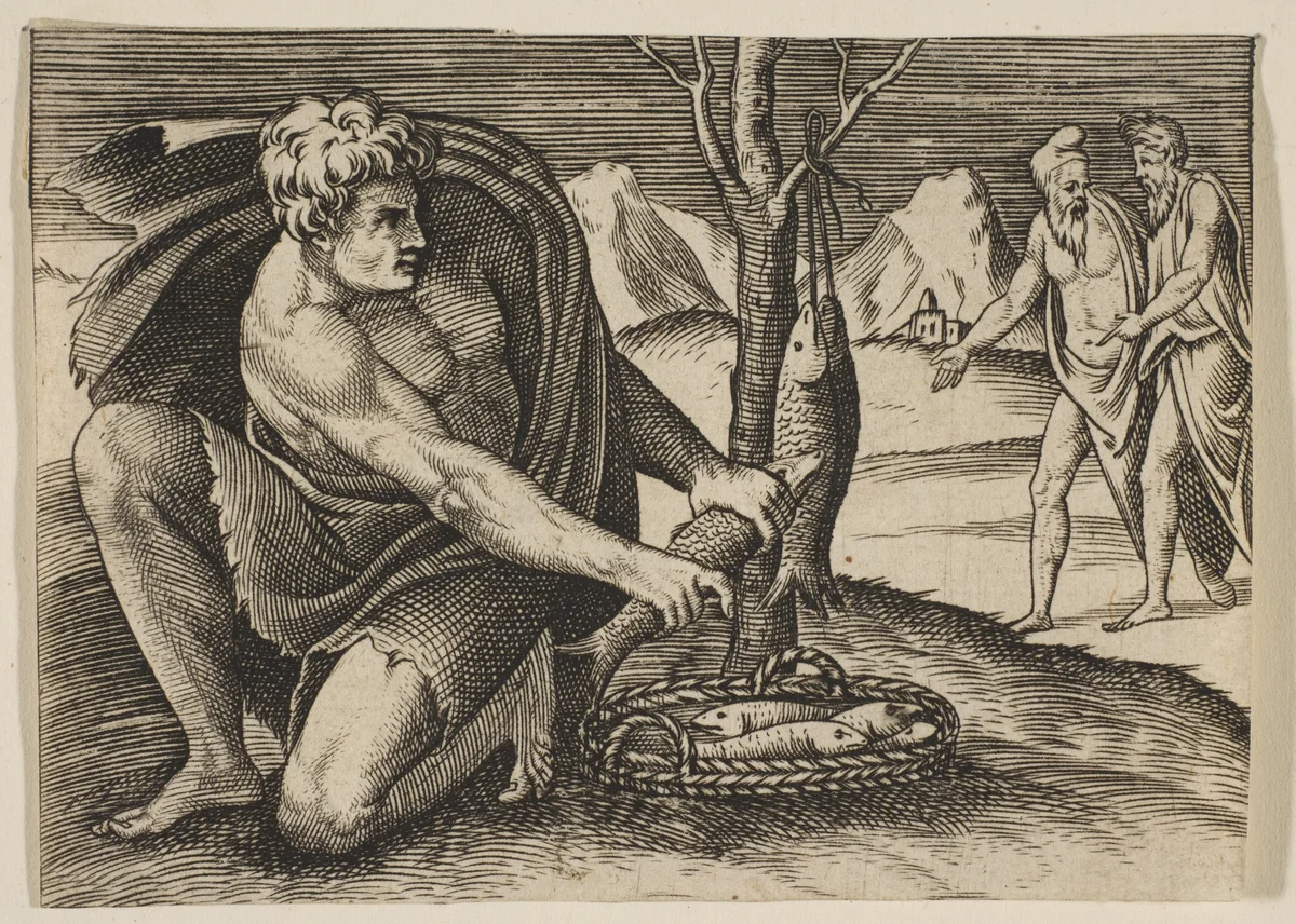 A man kneeling next to a basket of fish and taking one with both hands, two men at right in the background by Marco Dente, print, 1510-1532