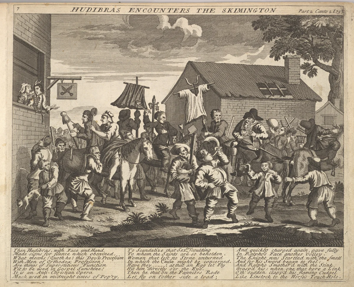 Hudibras Encounters the Skimmington (Plate 7: Illustrations to Samuel Butler's Hudibras) by William Hogarth, print, 1725-1730