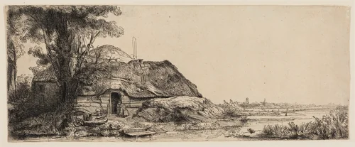 Landscape with a Cottage and a Large Tree by Rembrandt van Rijn, print, 1641