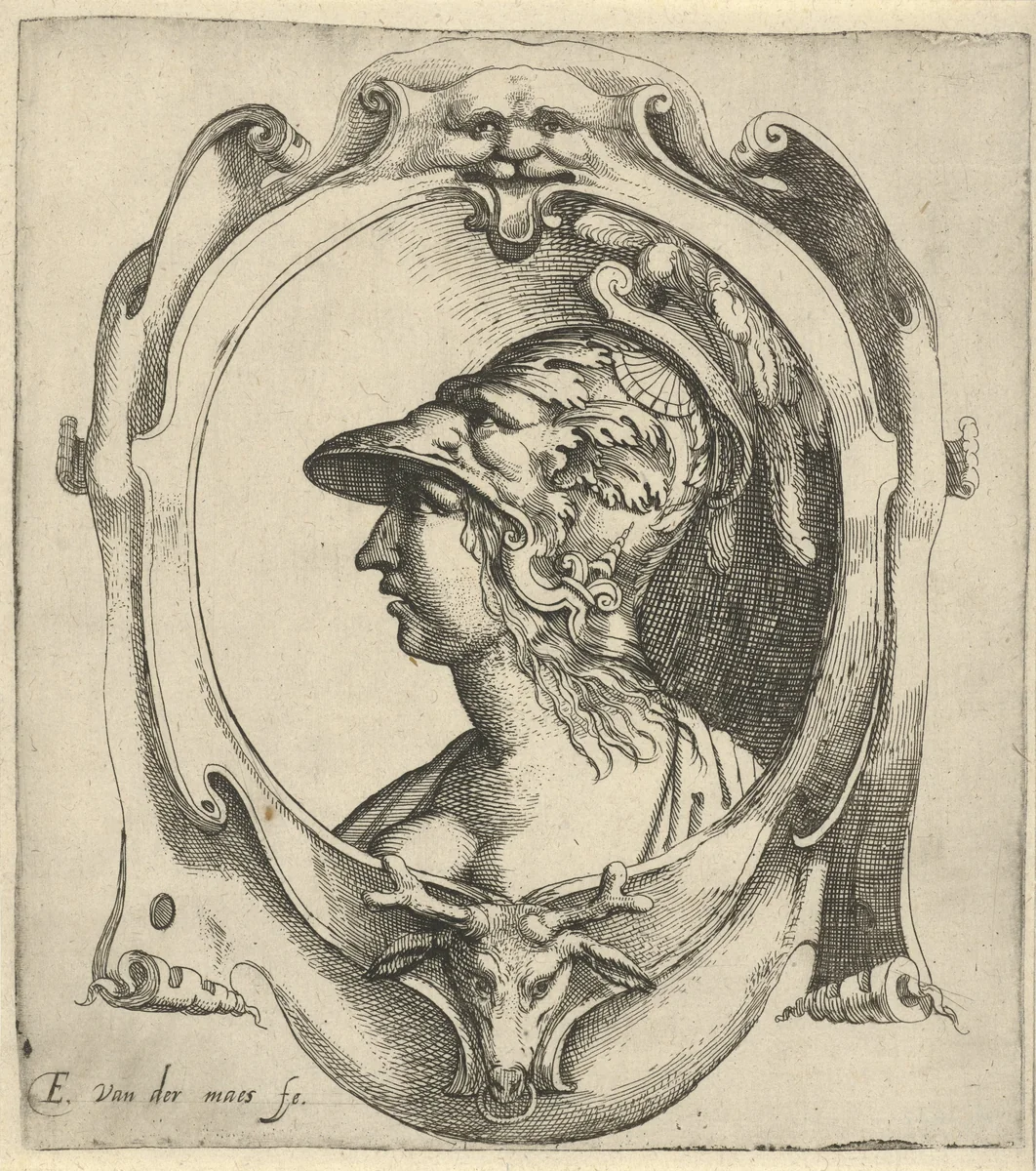 Buste van jonge vrouw met helm by Unknown, print, 1587-1647