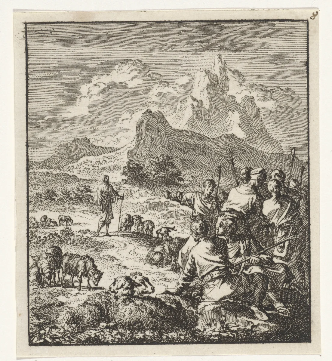 Zonen van Jakob met hun kudde wijzen naar de naderende Jozef by Jan Luyken, print, 1706