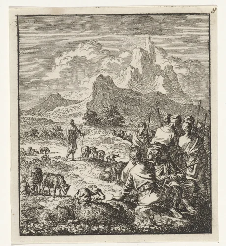 Zonen van Jakob met hun kudde wijzen naar de naderende Jozef by Jan Luyken, print, 1706
