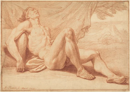 A Reclining Male Nude by Bernard Picart, drawing, 1723