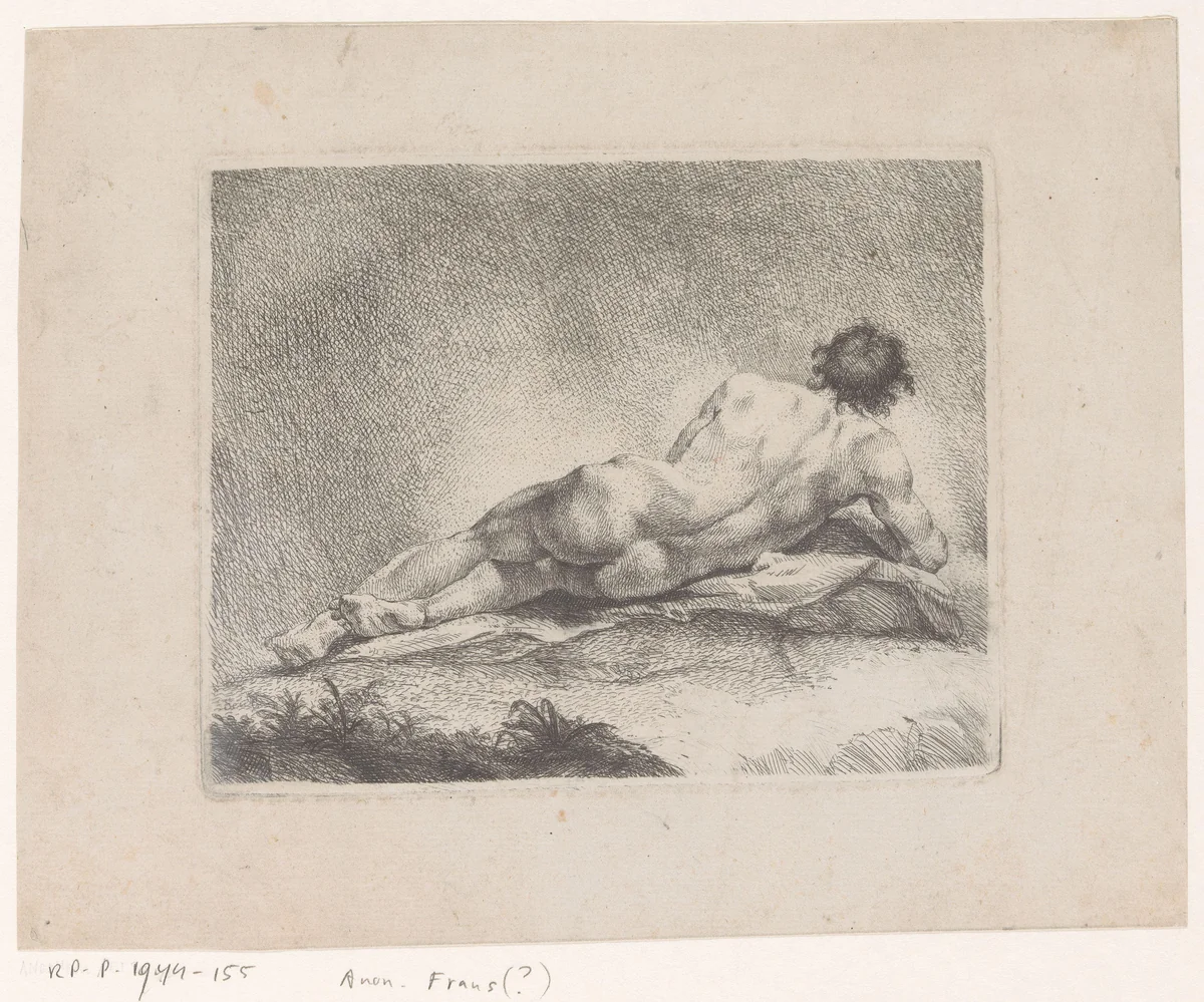 Naakte liggende man, op de rug gezien by anonymous, print, 1650-1799