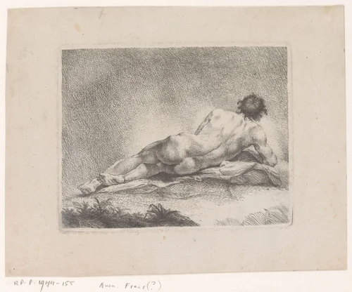 Naakte liggende man, op de rug gezien by anonymous, print, 1650-1799