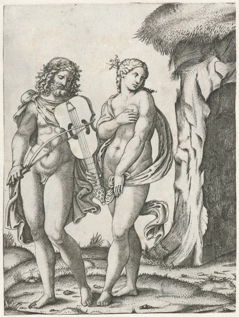 Orpheus speelt op viola voordat Eurydice naar onderwereld gaat by Marcantonio Raimondi, print, 1507-1511