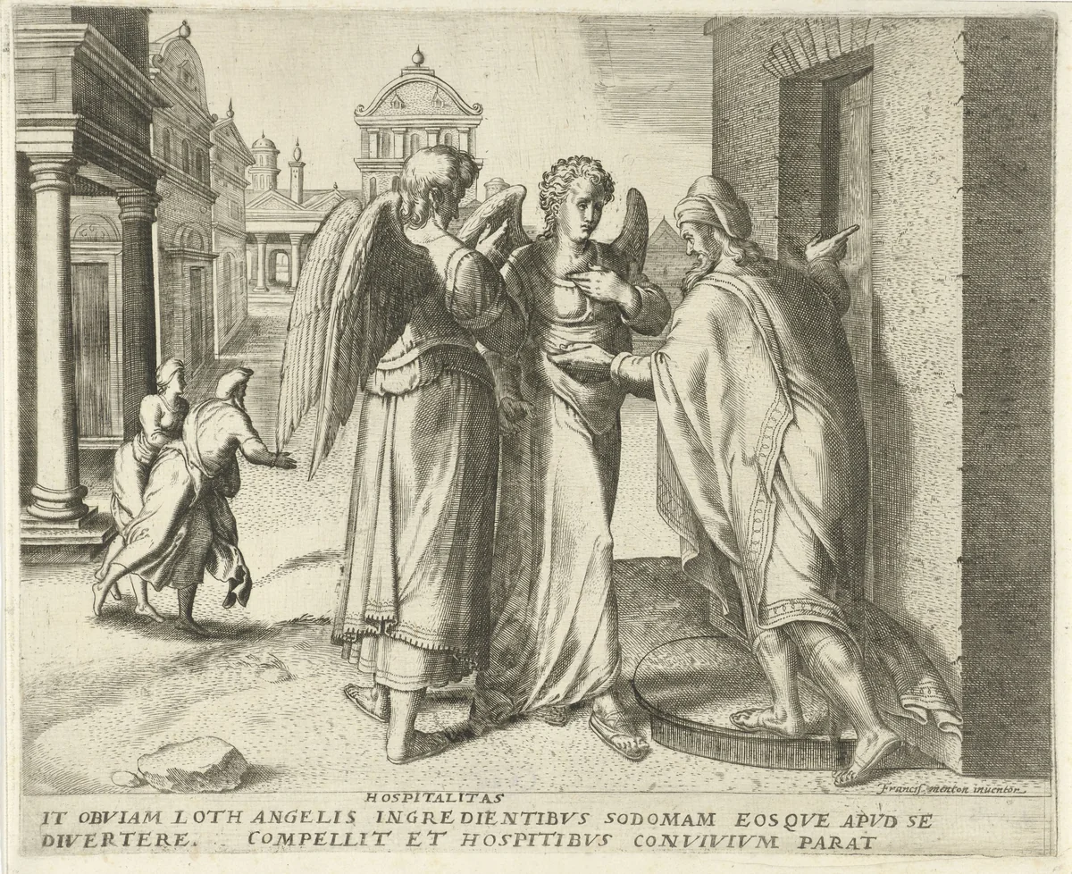 Lot en de twee engelen by anonymous, print, 1550-1570