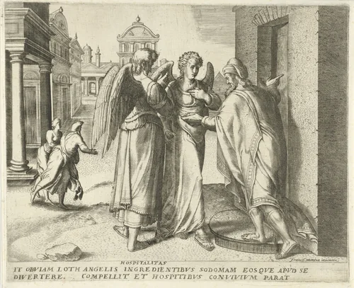 Lot en de twee engelen by anonymous, print, 1550-1570