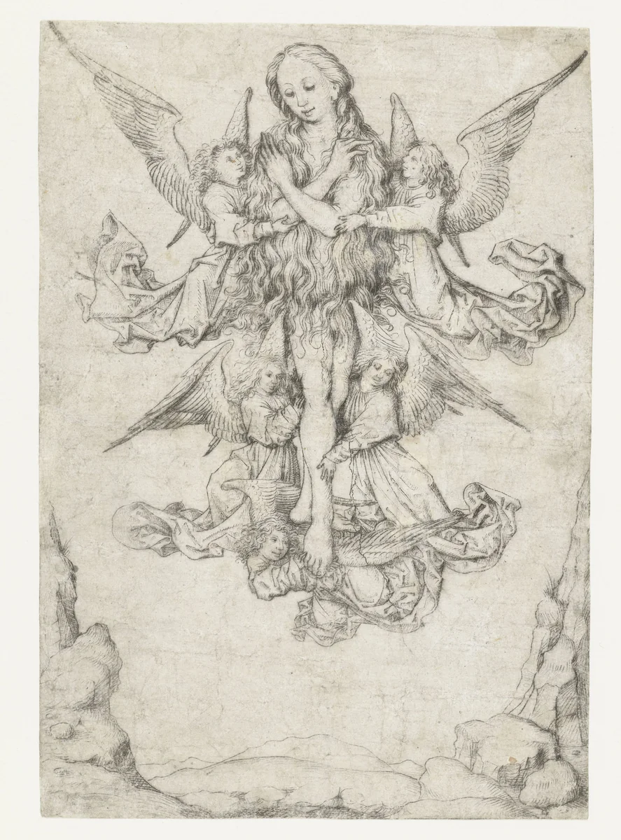 De elevatie van de H. Maria Magdalena met vijf engelen by Meester van het Amsterdamse Kabinet, print