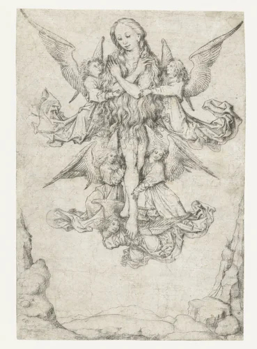 De elevatie van de H. Maria Magdalena met vijf engelen by Meester van het Amsterdamse Kabinet, print