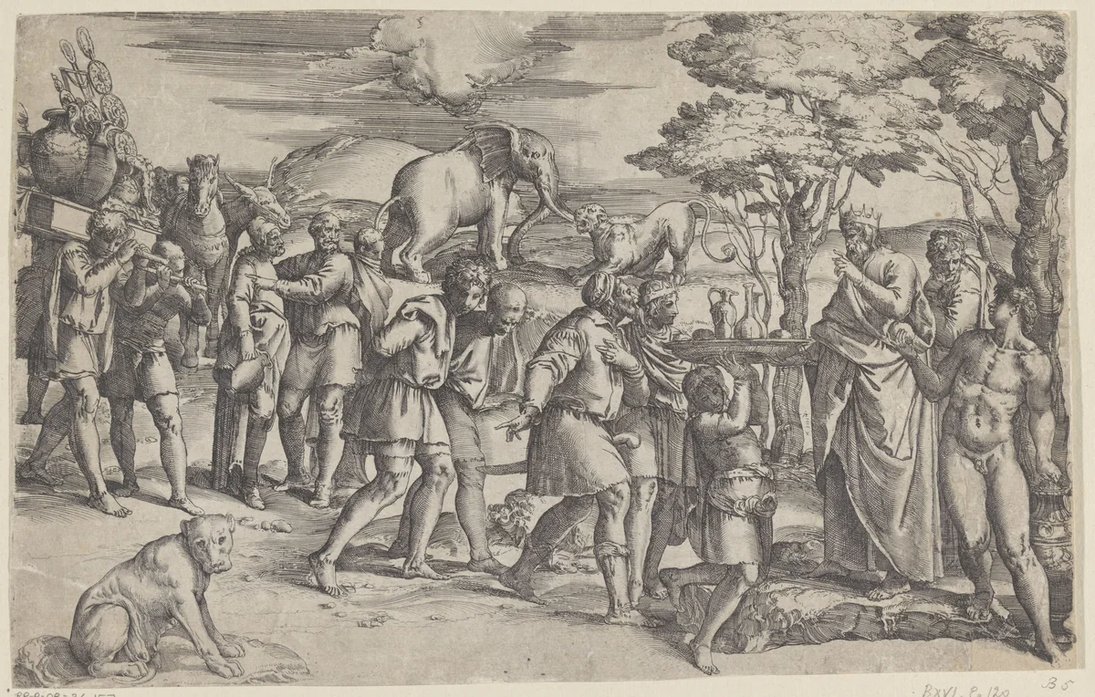 Abrahams ontmoeting met Melchisedek by Battista Franco, print, 1520-1561