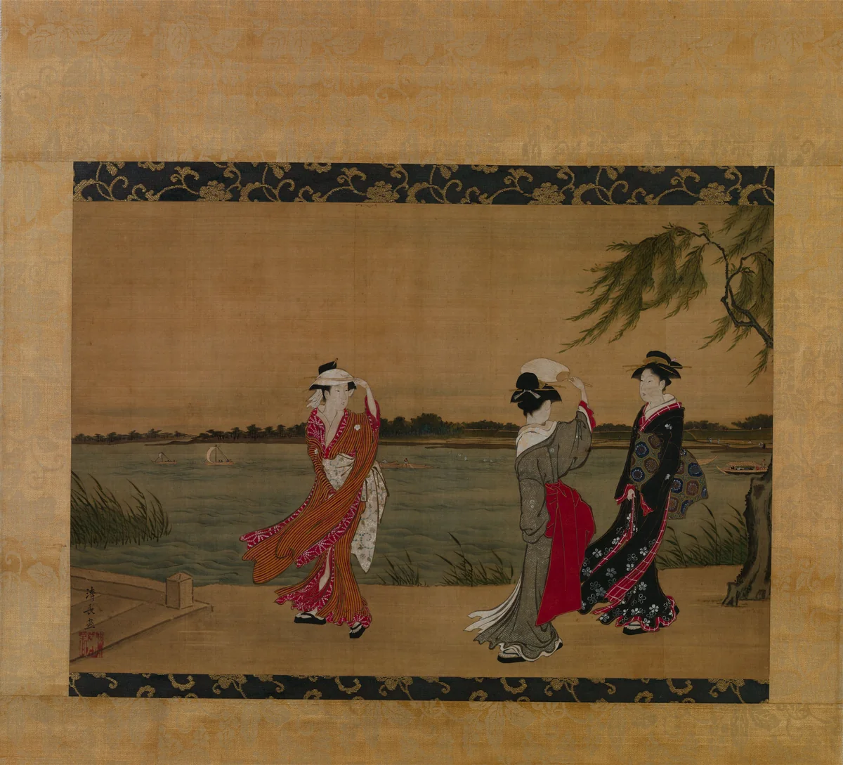 Three Women on a Riverbank by Torii Kiyonaga (鳥居清長), painting, 1800-1815