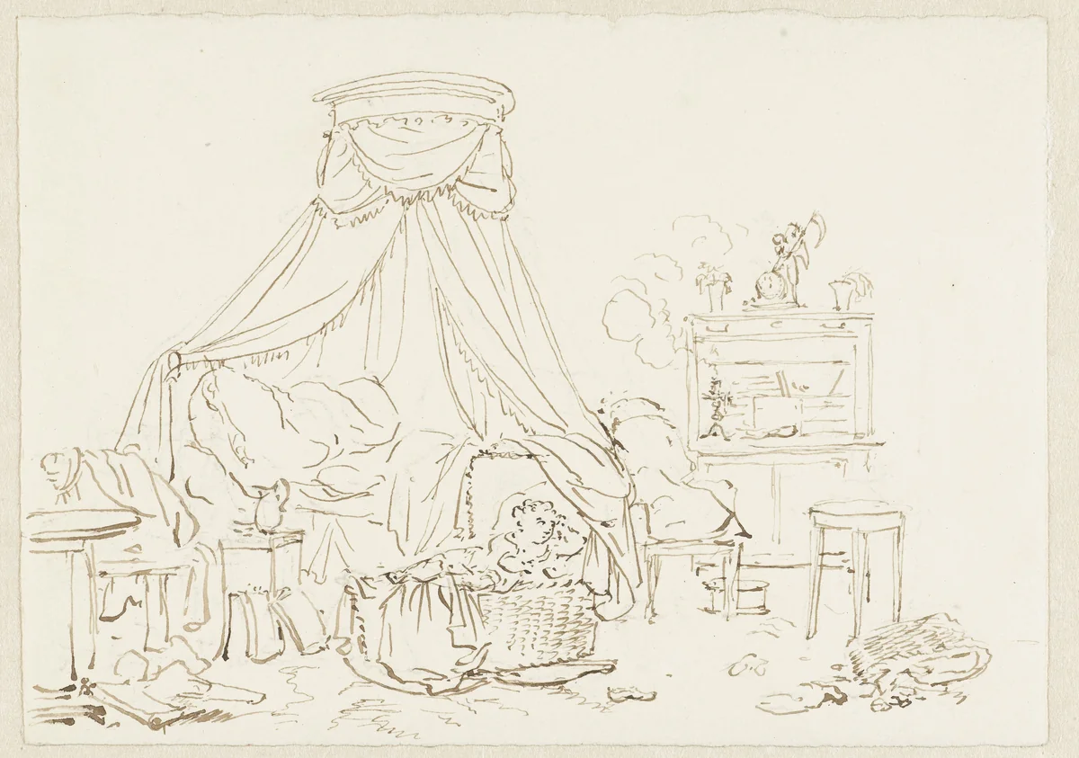 Slaapkamer met twee kinderen in een wieg by Pieter Bartholomeusz. Barbiers, drawing, 1782-1837