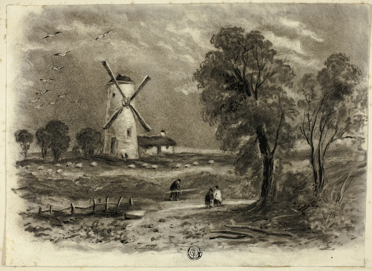 Landscape with Windmill by Elizabeth Murray, drawing, 1850