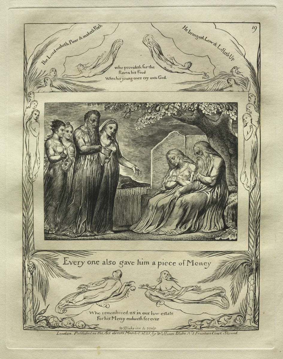 The Book of Job: Pl. 19, Every one also gave him a piece of Money by William Blake, print, 1825