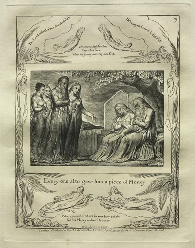 The Book of Job: Pl. 19, Every one also gave him a piece of Money by William Blake, print, 1825
