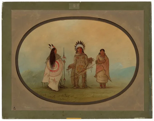 A Crow Chief, a Warrior, and His Wife by George Catlin, painting, 1855-1869