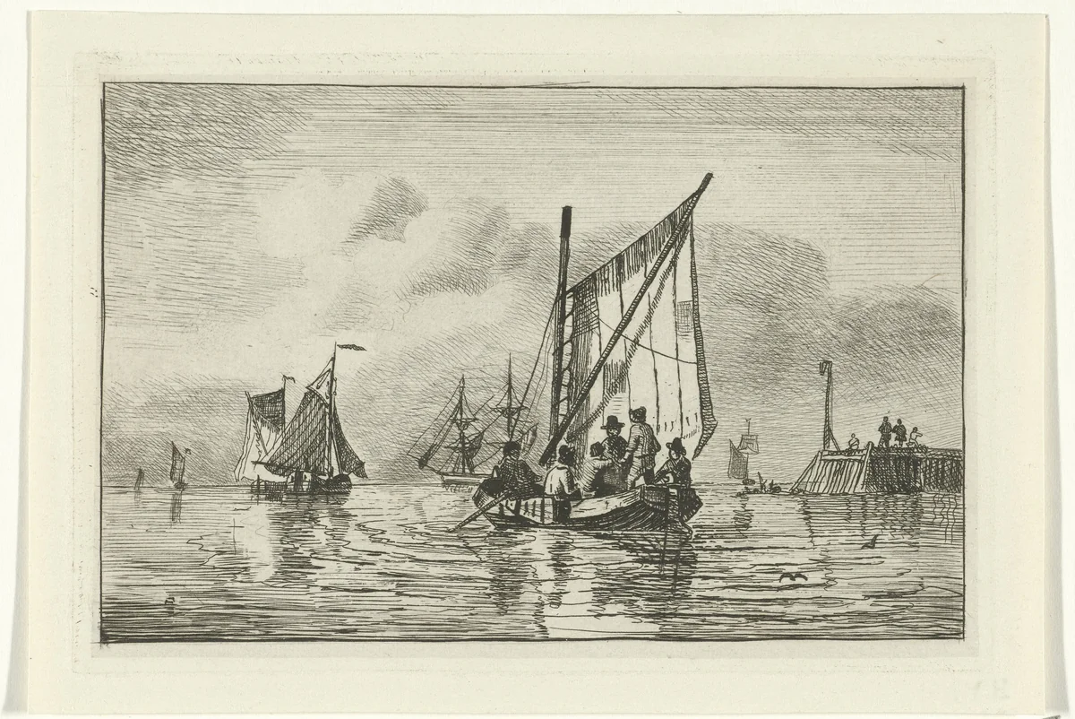 Visserspink met zes mannen by Willem Gruyter jr., print, 1832-1880