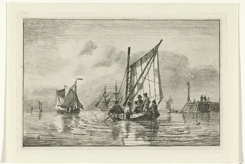 Visserspink met zes mannen by Willem Gruyter jr., print, 1832-1880