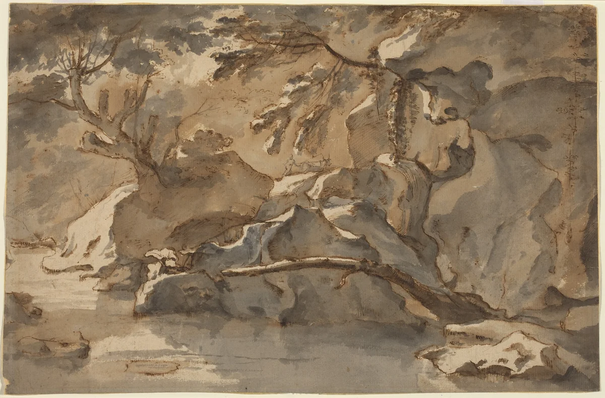 Landscape (after Paul Bril) by Herman van Swanevelt, drawing, 1600-1655