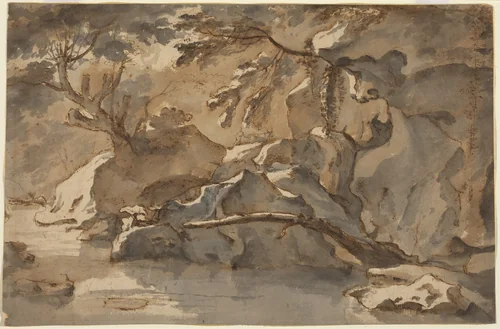 Landscape (after Paul Bril) by Herman van Swanevelt, drawing, 1600-1655