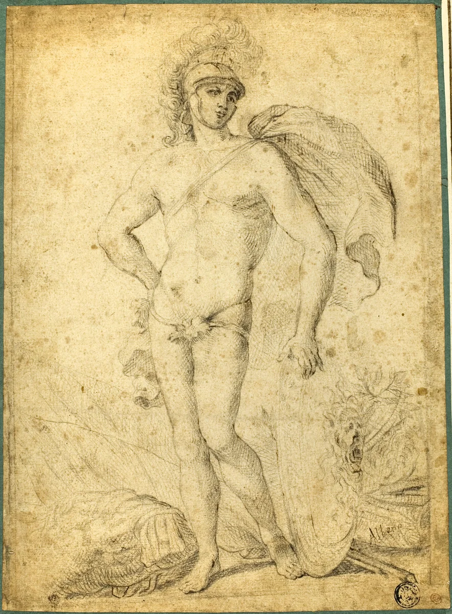 Standing Nude Warrior, possibly Mars, with Shield by Francesco Albani, drawing, 1598-1700