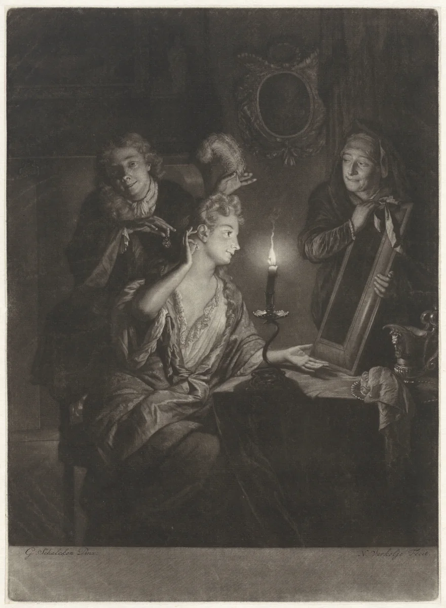 Woman at her Toilet by Nicolaas Verkolje, print, 1690-1715