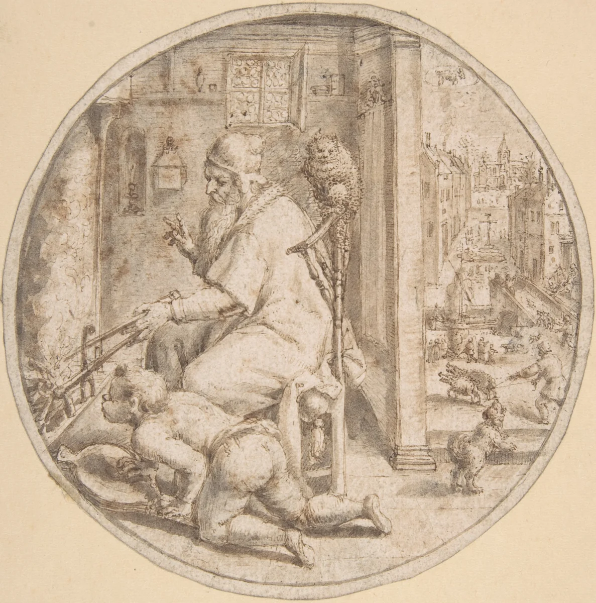 December: And Old Man Seated by a Hearth with a Young Man Blowing on the Fire by Crispijn de Passe, drawing, 1580-1637